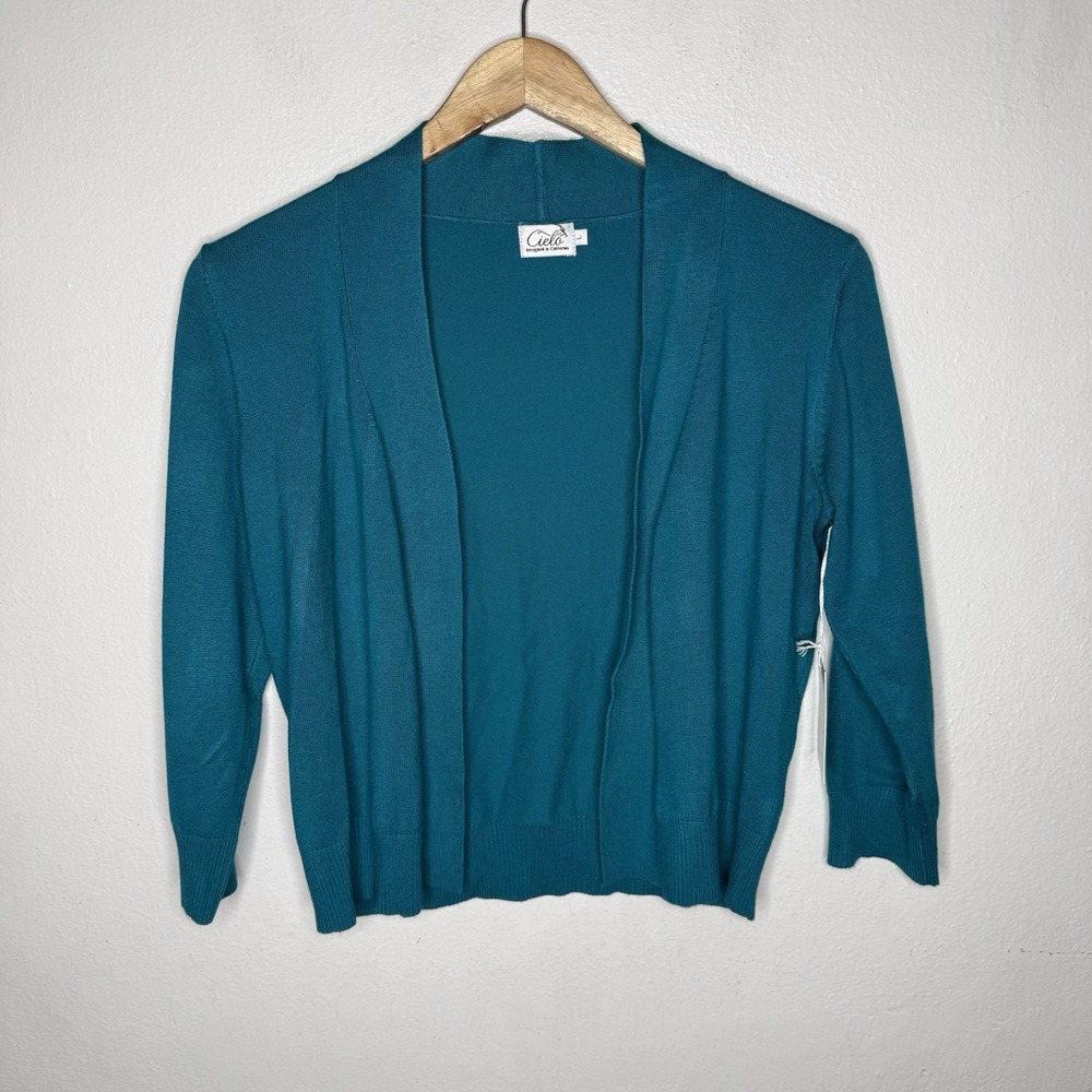 New Cielo 3/4 Sleeve Teal Shrug Viscose Nylon Cropped Women's Large